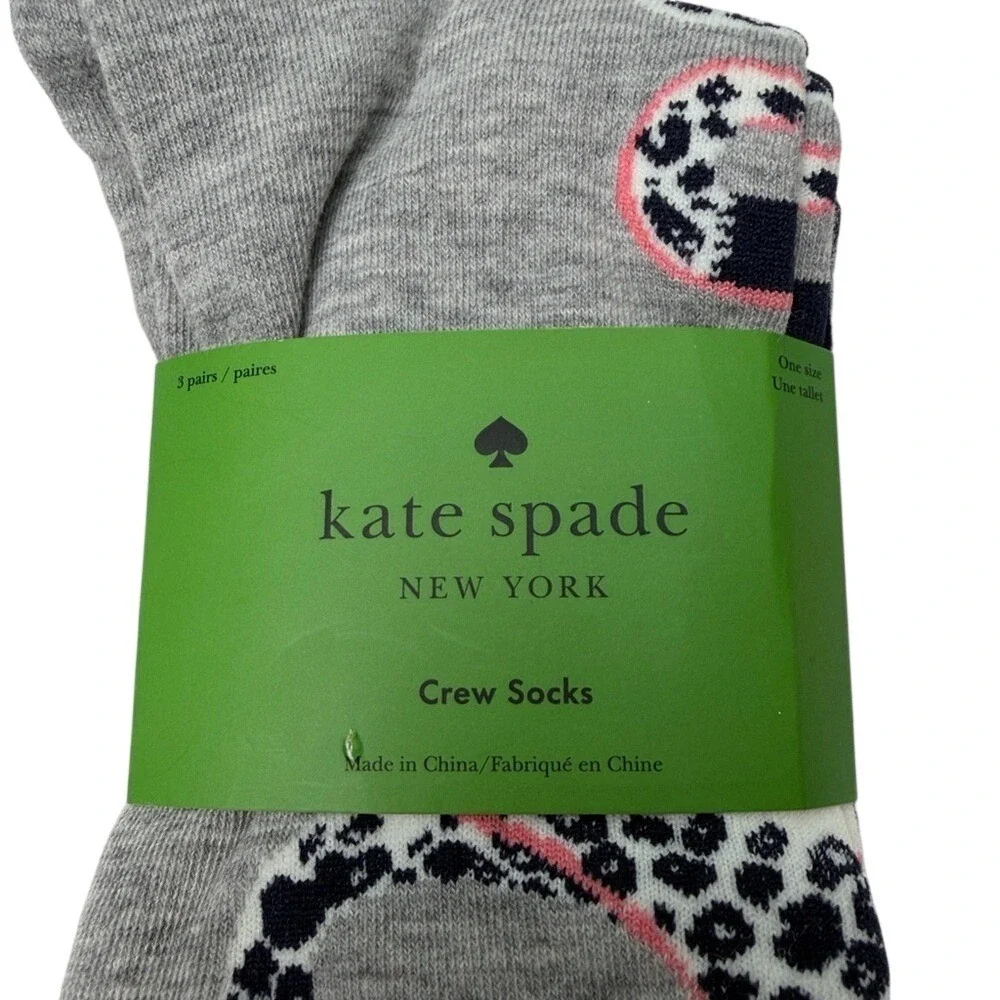 Kate Spade New York Womens Crew Socks 3 Pair Pack Leopard Print Black‎ Grey NWT